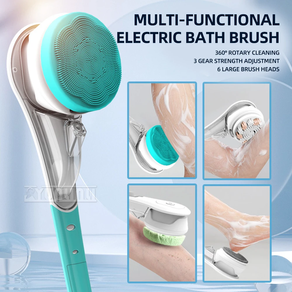 

Электрическая массажная щетка для ванны с длинной ручкой, многофункциональная щетка для ванны 6-в-1, щетка для мытья спины, щетка для грязевых ванн и инструмент для купания.