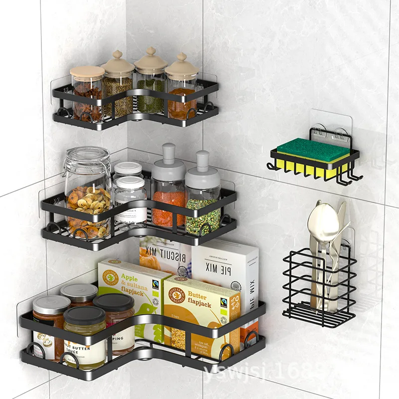 No punching bathroom storage rack, no nails, bathroom triangular wall hanging toothbrush holder, wall seasoning bottle rack