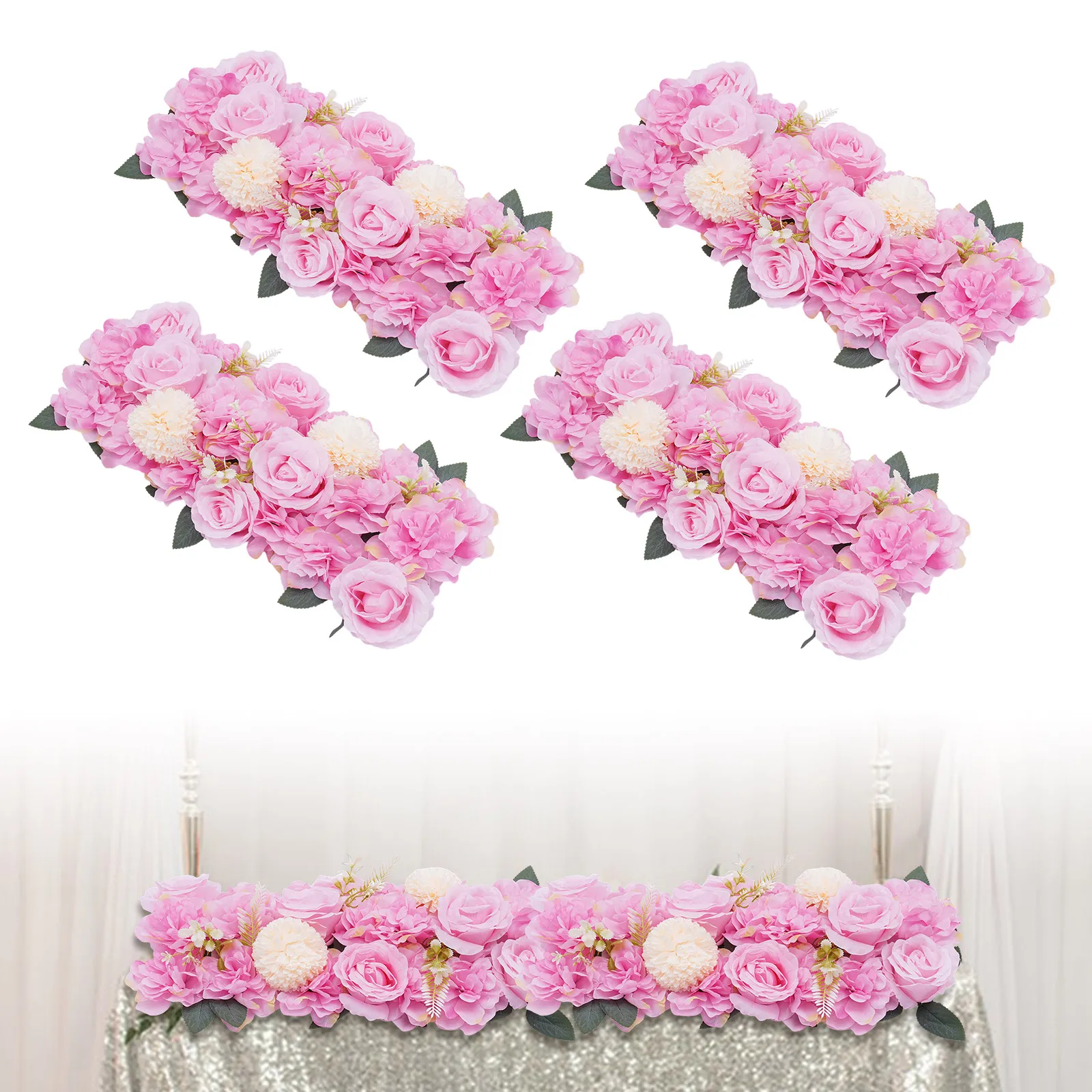 Wedding Dining Table Flower Pink Silk Rose Floral Arrangement 4Pcs Artificial Rose Floral Centerpiece for Table Home Decor