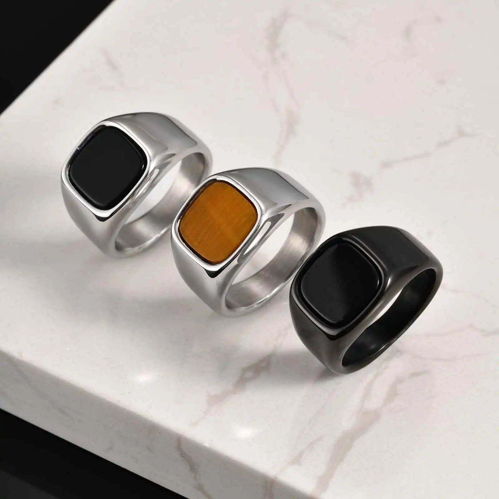 Men's High-Quality Stainless Steel Square Signet Ring with Black Glass And Natural Tiger Eye Stone - Fashion Classic Jewelry