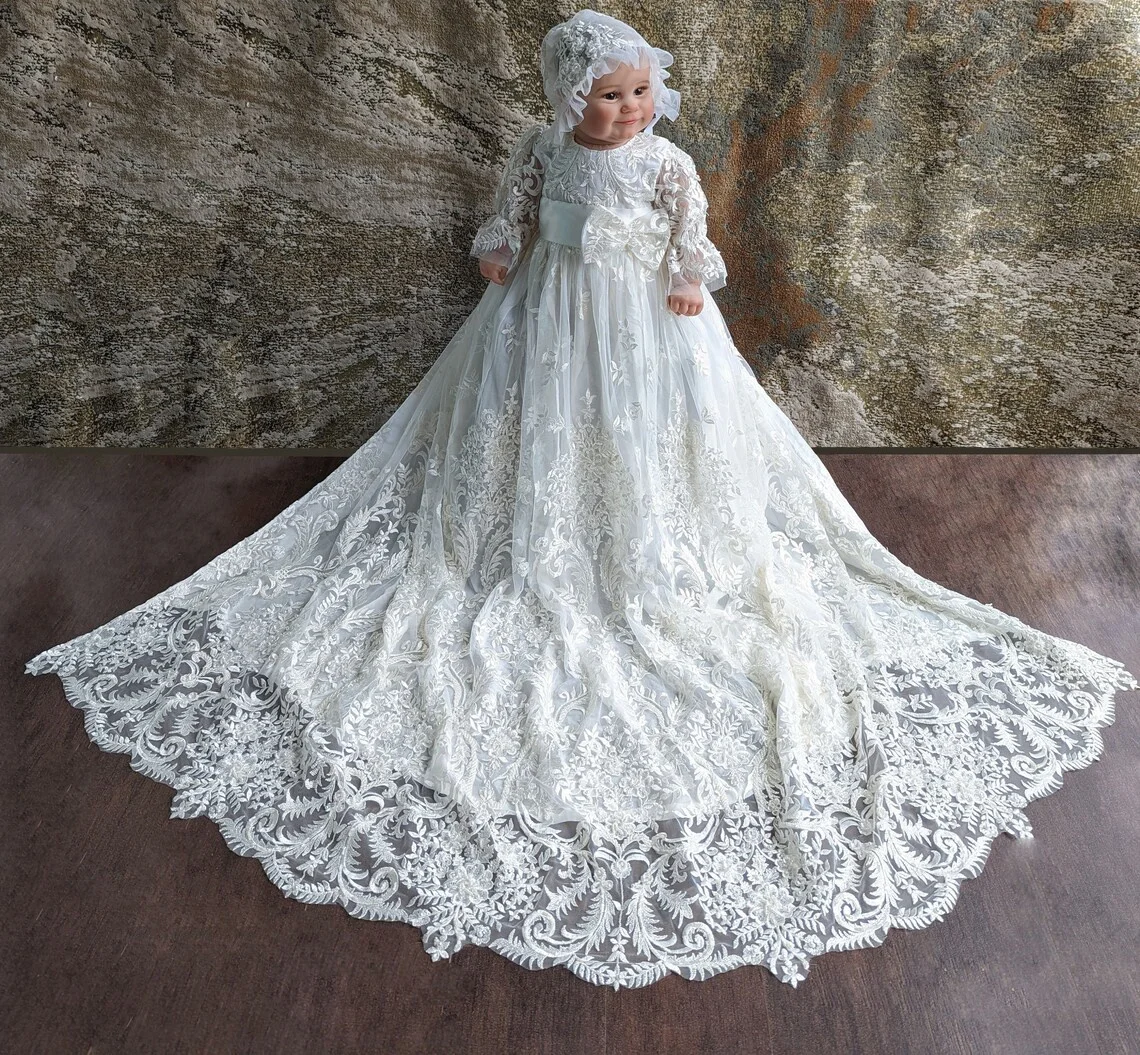 Robe trapèze en dentelle vintage pour bébé fille, tenue de baptême, longueur au sol, pour premier anniversaire et première communion