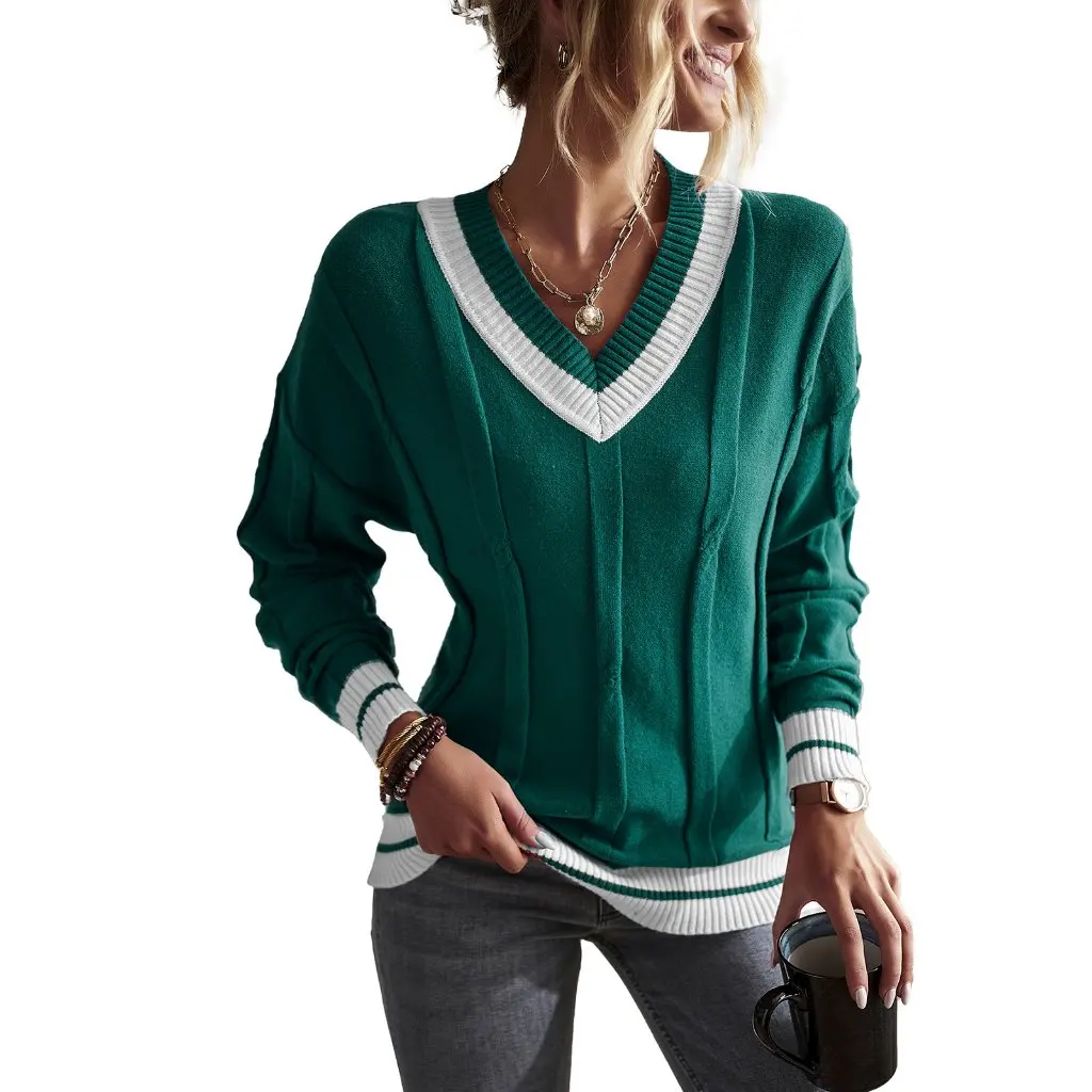 

Self-Designed V-Neck Splicing Sweater Top Contrasting Colors European And American Style Simple Independent Station