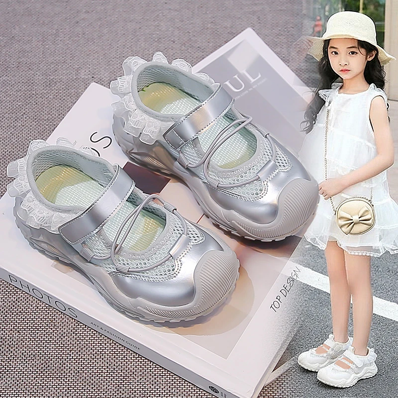 Girls Ruffle Mesh Sandals Kids Summer Princess Shoes Soft Sole Casual Beach Sandals for Children Outdoor Anti Slip Flats Shoes