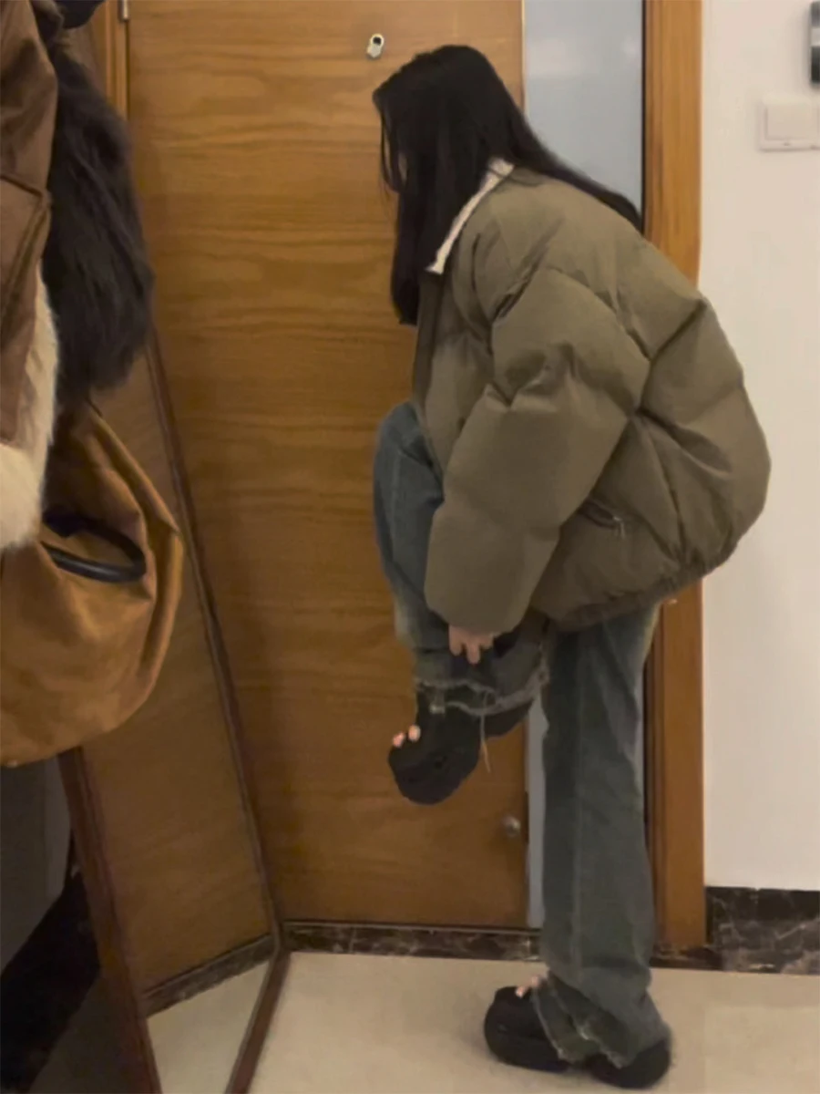 

Retro American Thickened down Cotton Jacket Women's Winter Casual Loose Splicing Style Zipper Closure Long Sleeve Coat