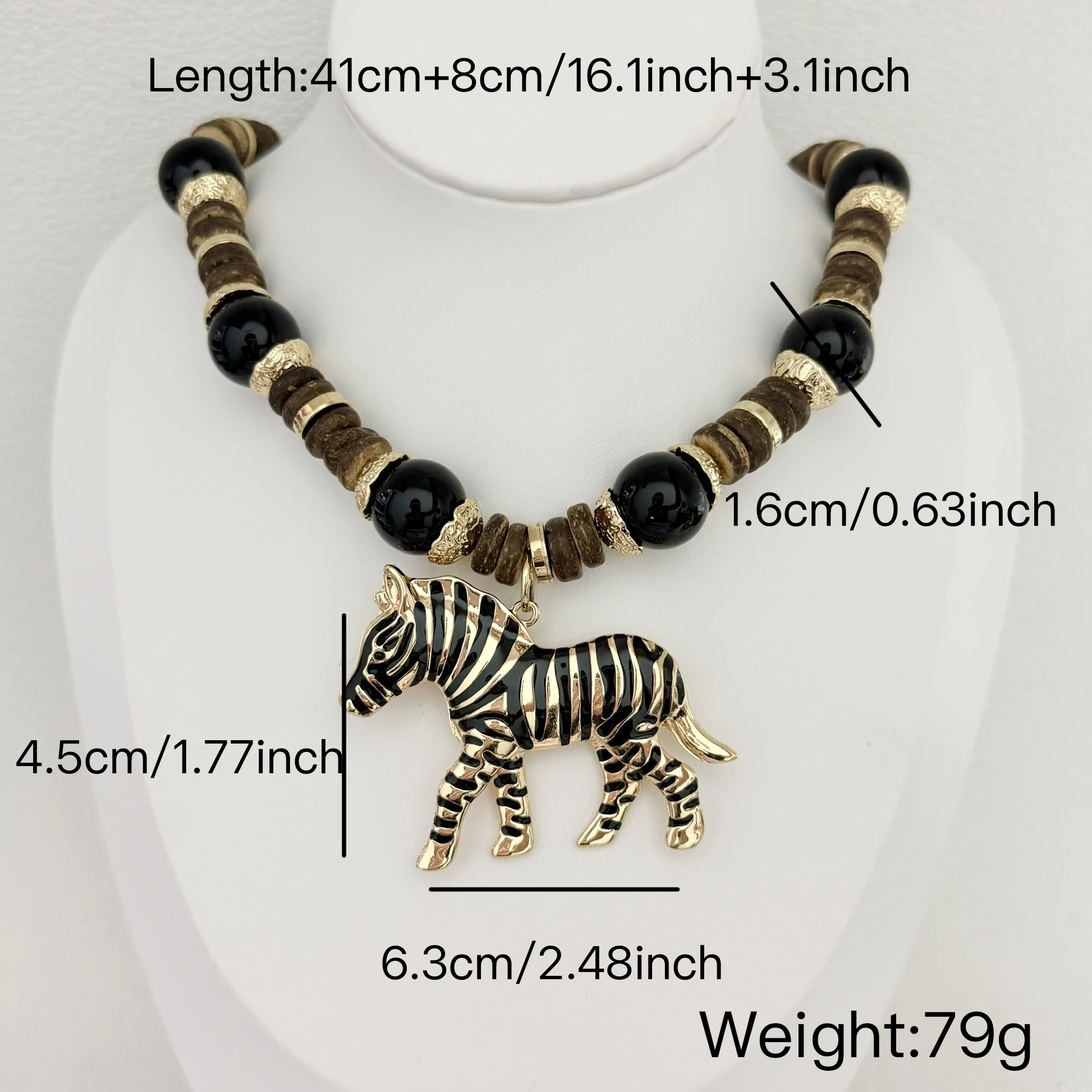 Retro Zebra Pendant Necklace for Women with Coconut Shell Black Bead Strung Clavicle Chain Fashionable Spicy Girl Exaggerated Ne