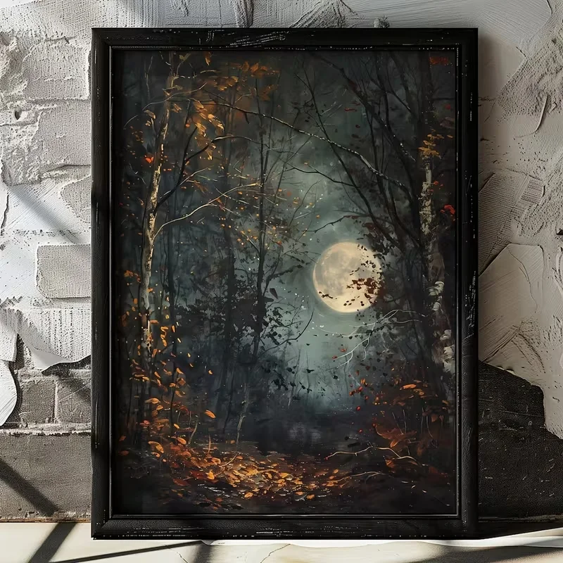 2D Flach, 2D Flach, Kunstdruck mit gotischer Waldmond-Ästhetik – Retro Dark Academia Vintage Leinwand-Wandbild, Art Deco Klassiker Un