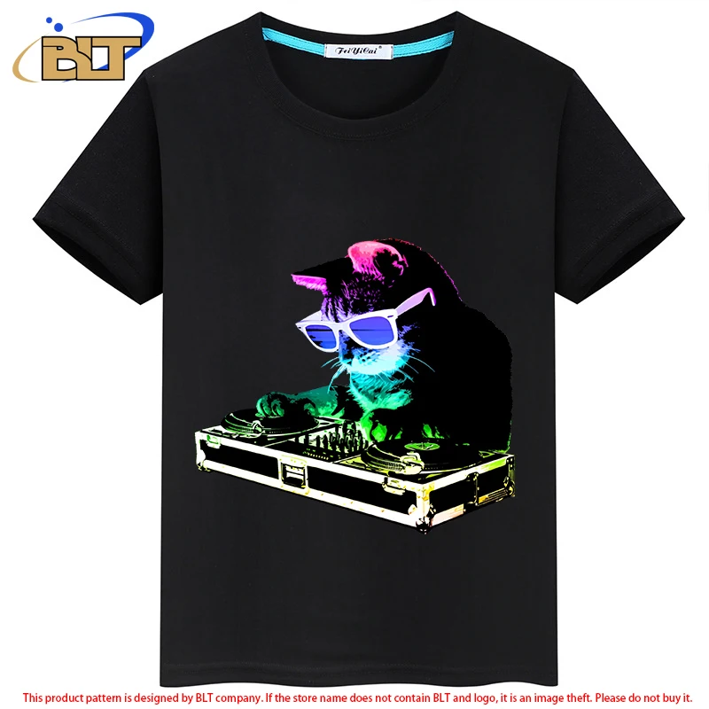 Camiseta con estampado de gatito de DJ para niños, tops casuales de manga corta para niños y niñas, arcoíris, Verano