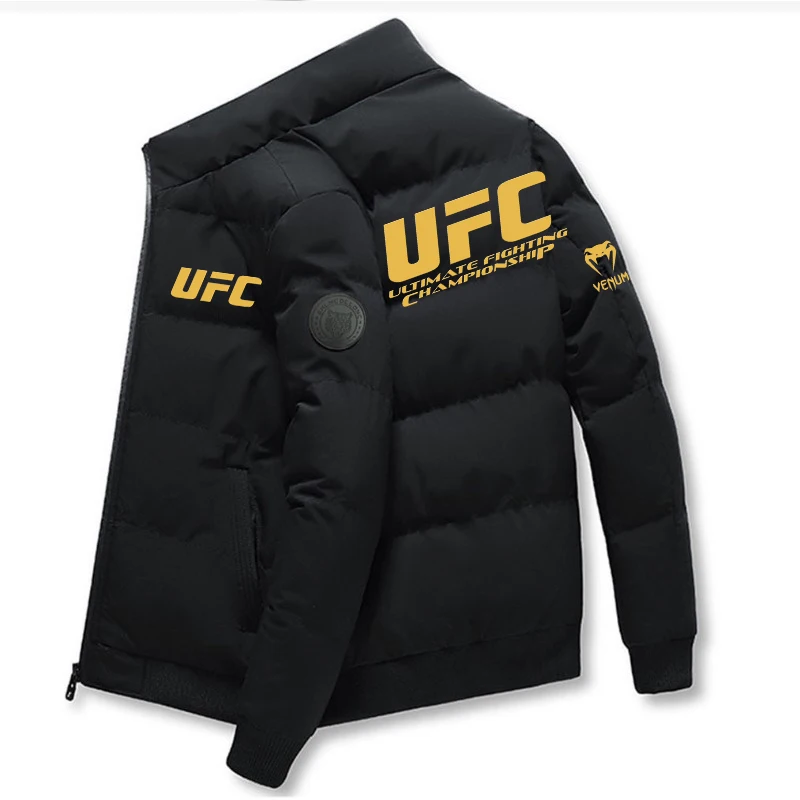 سترة سميكة جديدة 2025UFC، سترة دافئة مبطنة بالقطن، سترة رياضية شتوية غير رسمية، سترة مقاومة للرياح بياقة واقفة