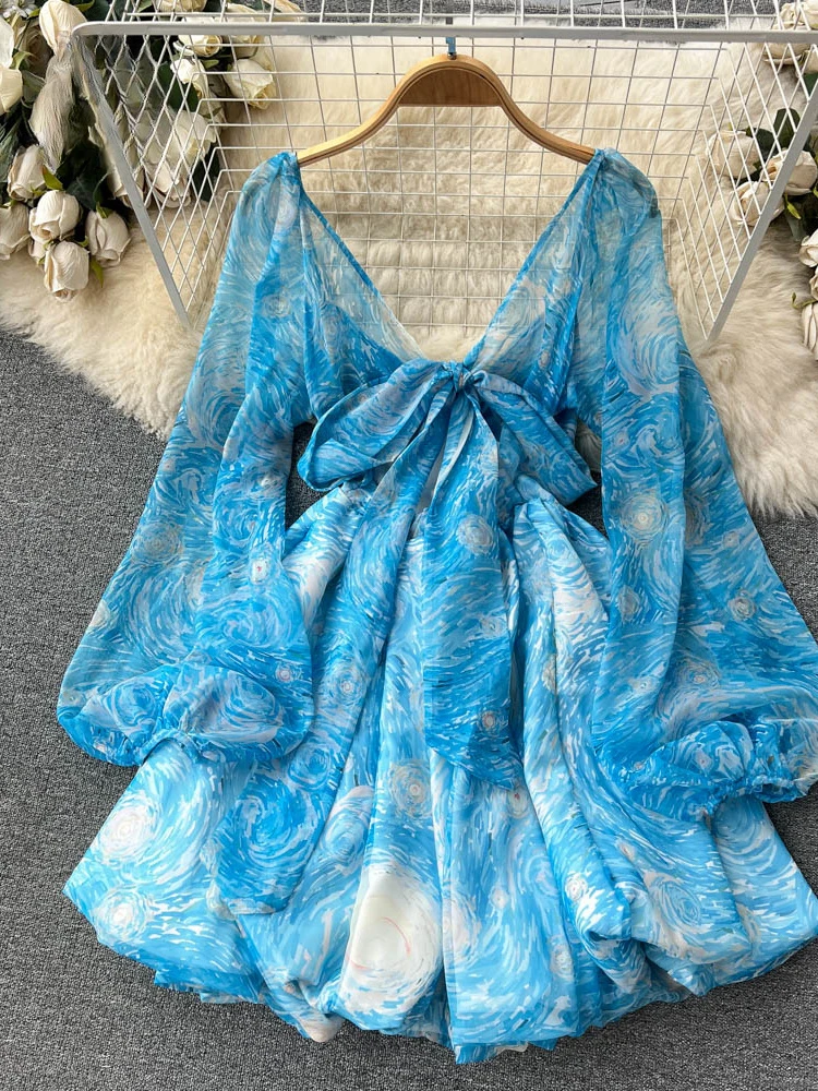 French Floral Blue Dress Women Elegant Slim A-line Sexy V-neck Beach Dresses Ladies Vintage High Waisted Printed Short Robe