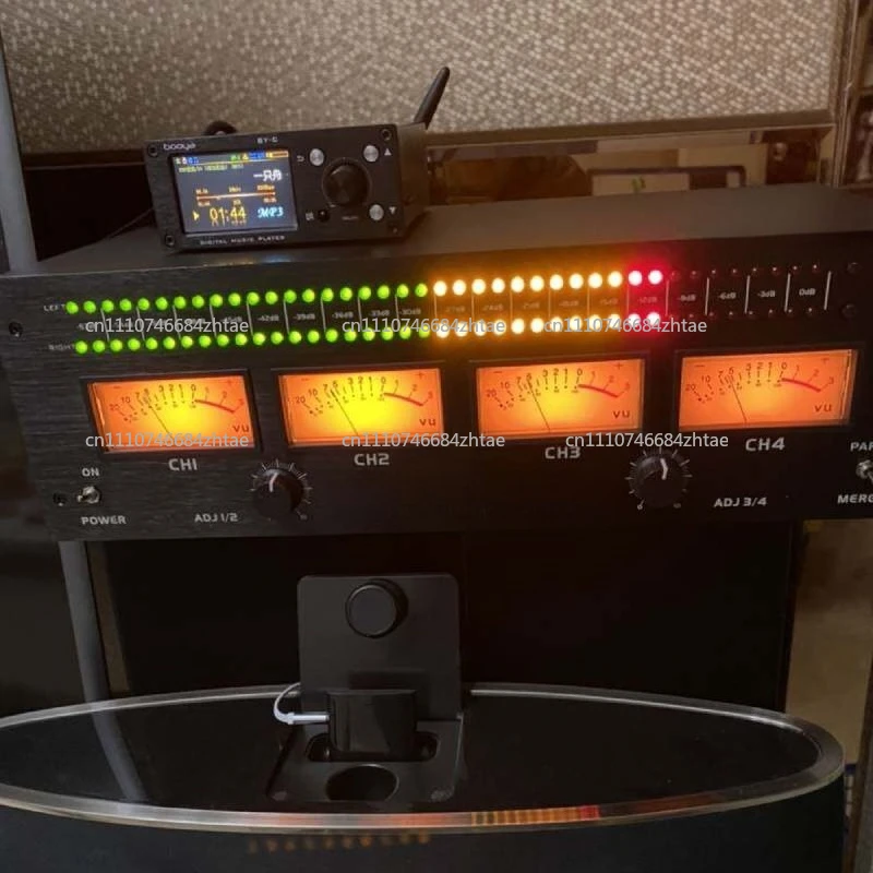 Switch Audio Distributor Four-Channel Analog VU Meter Voice Control/Line Dual Input Level Rhythm Lamp RCA/XLR