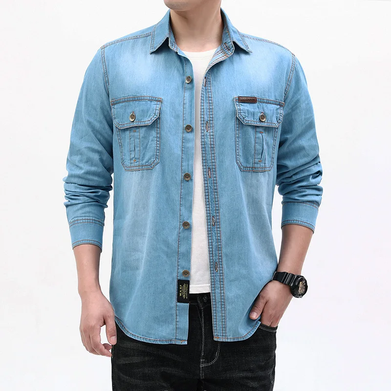 New Fashion Men Light Blue Long Sleeves Casual Denim Shirts Loose Jeans Shirts Quality Male Cotton Breathable Comfortable Shirts