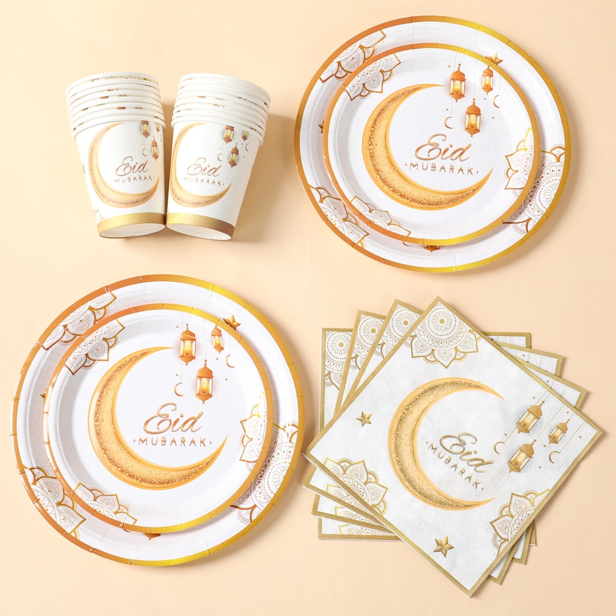 White Gold Eid Mubarak Party Disposable Tableware Muslim Masjid Plates Middle East Ramadan Kareem Eid Mubarak Party Supplies