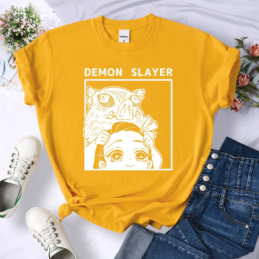 Demon Slayer Kamado Nezuko And Hashibira Inosuke T-Shirts Women Loose New Clothes Harajuku Street Tee Personality O-Neck T Shirt