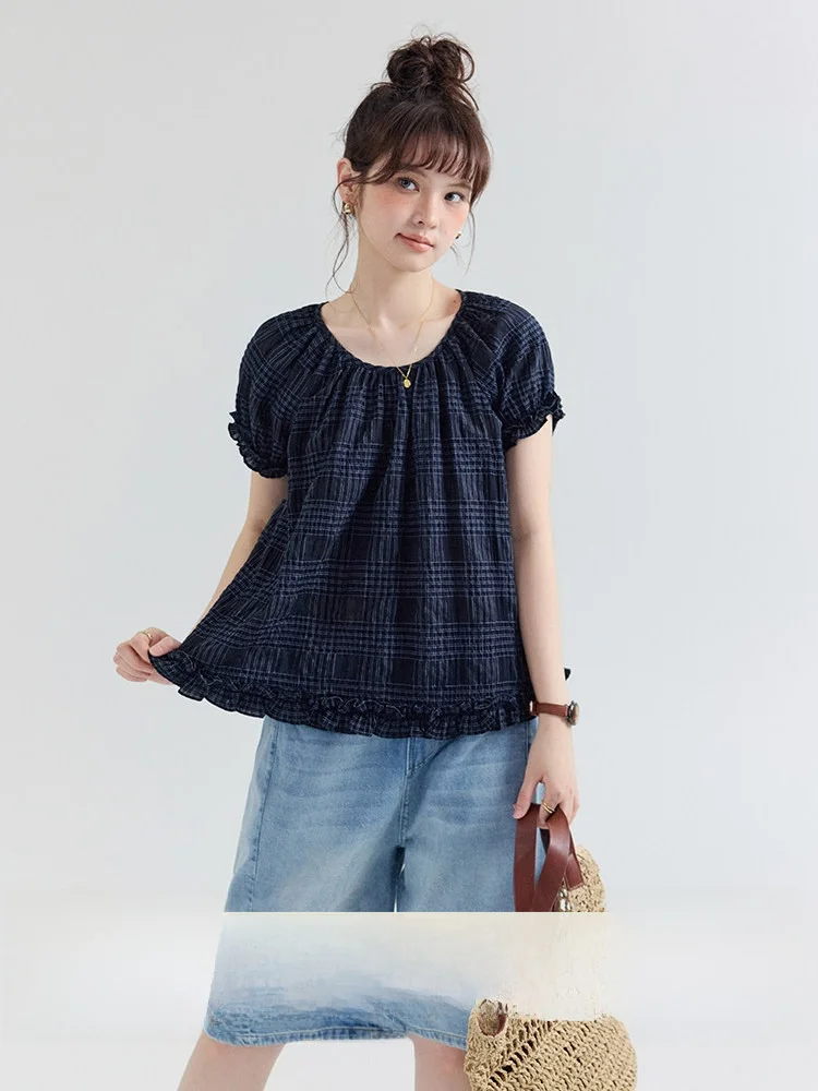 AMUU Original Texture Dark Plaid Wood Grain  Cotton Shirt Women's Summer New Style Pure Cotton Short Sleeve Top