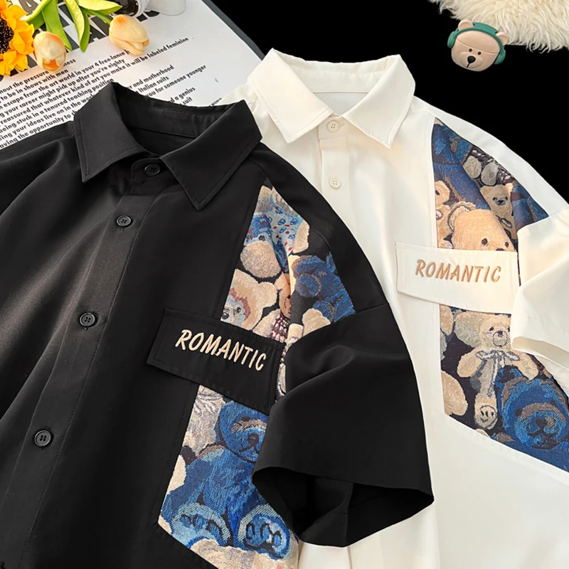 Men's Clothing City Boys Plus Size Short Sleeve Shirt Men Women Ice Feel Precision Embroidery Label Shirt Bear Pattern Blouse