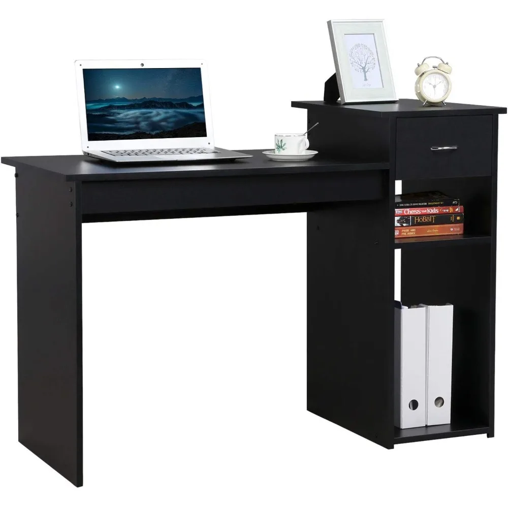 

Home office computer desk with storage drawers and monitor stand, wooden PC laptop desk, modern minimalist style computer