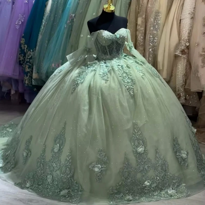 

Customized Sage Green Quinceanera Dresses Ball Gown Flower Lace Applique Puffy Ball Skirt Women Prom Party Dress Occasion Wear