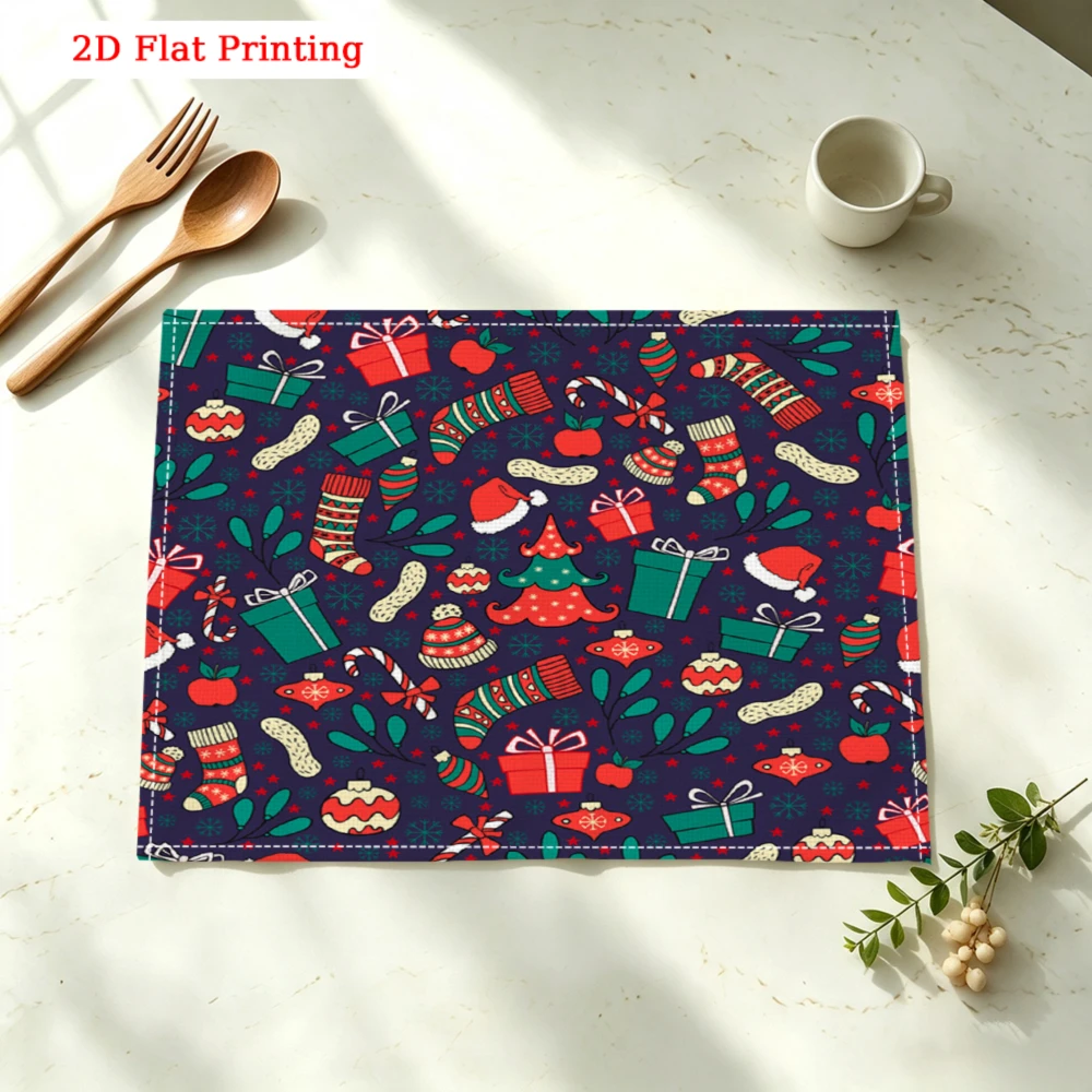 1Pc Christmas Style Placemat Navy Blue Festive Holiday Print Table Mat For Dining Kitchen Home Decor Party Use 30X40Cm