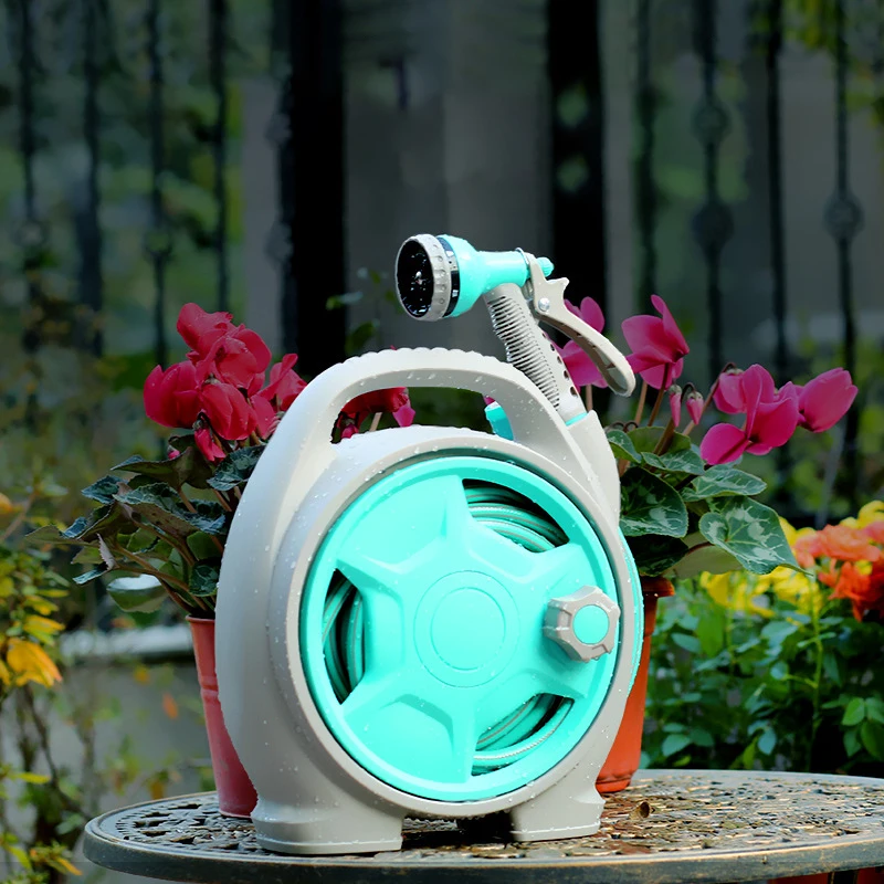 Portable Hose Reel For Watering Car Washing Pet Retractable Garden Hose Reel With 6 Patterns Spray Nozzle