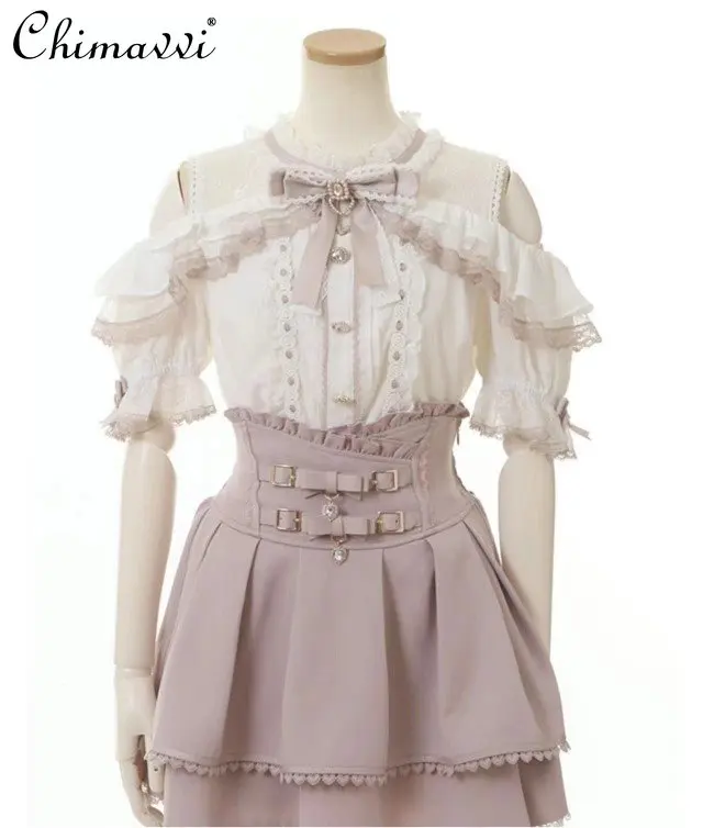 

Japanese Mine Double Butterfly Braid Buckle Leather Ring High Waist Skirt Shorts Women Girl Summer Sweet Pink Lace Pleated Skirt