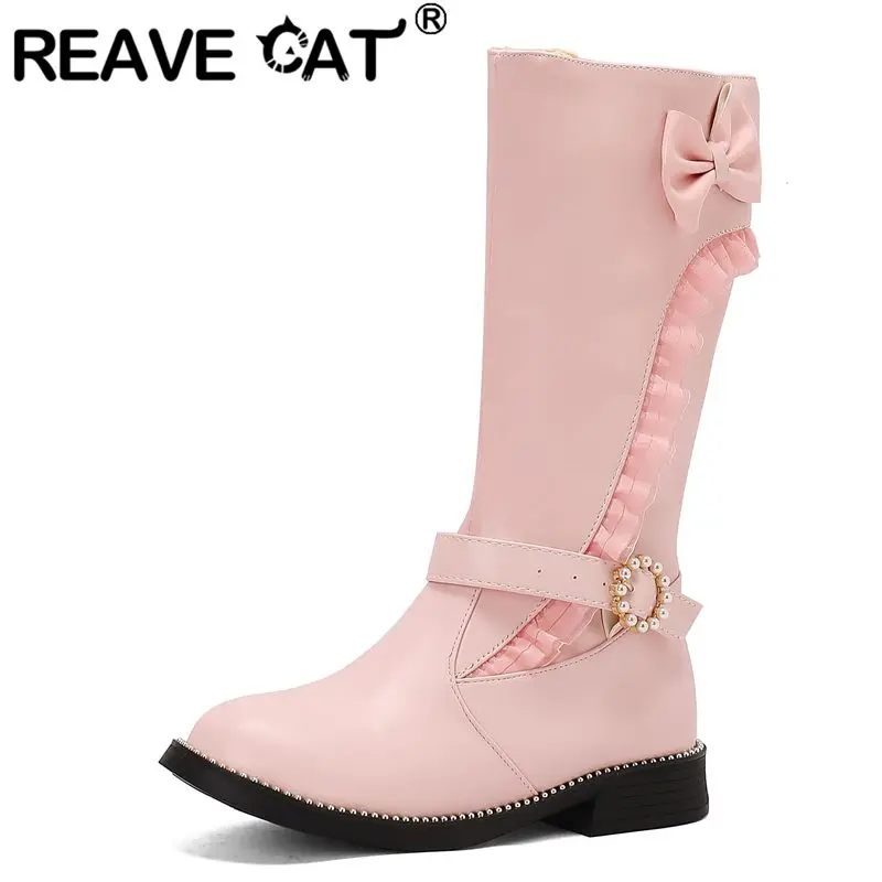 REAVE CAT 2024 Design Girls Mid Calf Boots Round Toe Thick Heel 3cm Bowknot Pearl Buckle 31 32 33 42 43 Sweet Booties