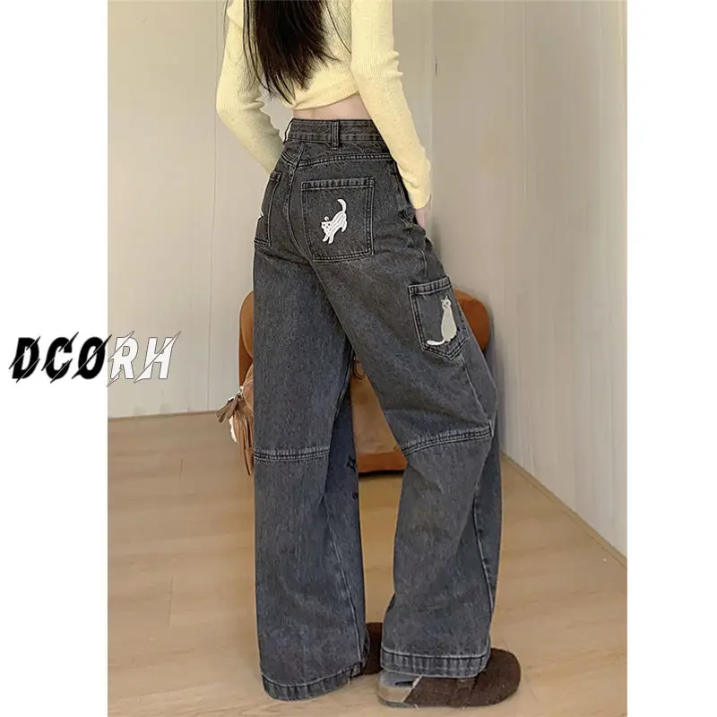 

Cartoon Cat Embroidered Jeans for Women Spring New Vintage High Waist Loose Cool Wide Leg Pants Spice Girl Y2k Denim Pants