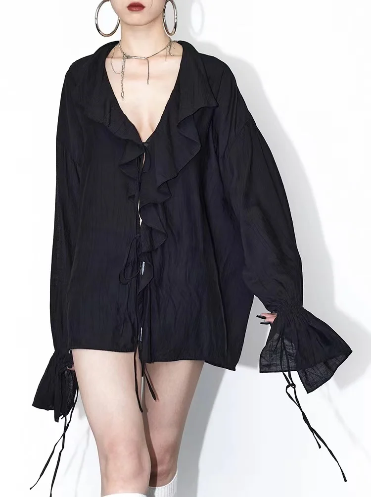 

Lightweight Loose Women's V-Neck Shirt with Sleeve Bow Design Original Design Breathable Moisture Wicking Long Sleeve Sun Pro...