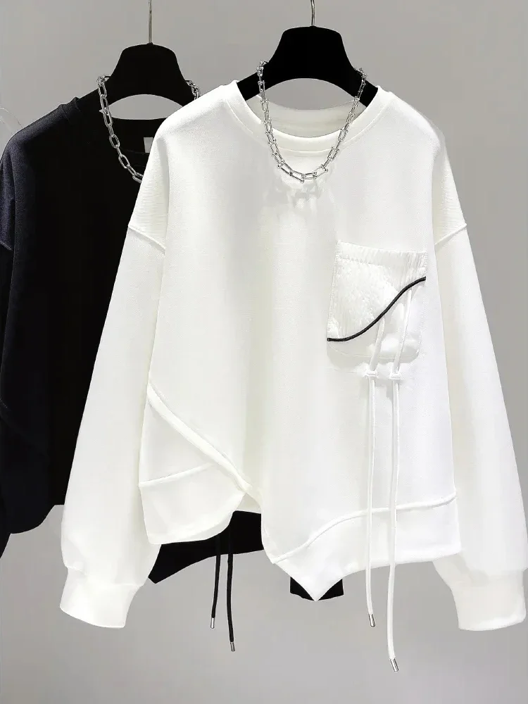 

Pocket Patchwork Asymmetrical Lace Up Women's O-Neck Lantern Sleeve Top Spring Autumn Fashion Loose Female Casual Hoodie A480