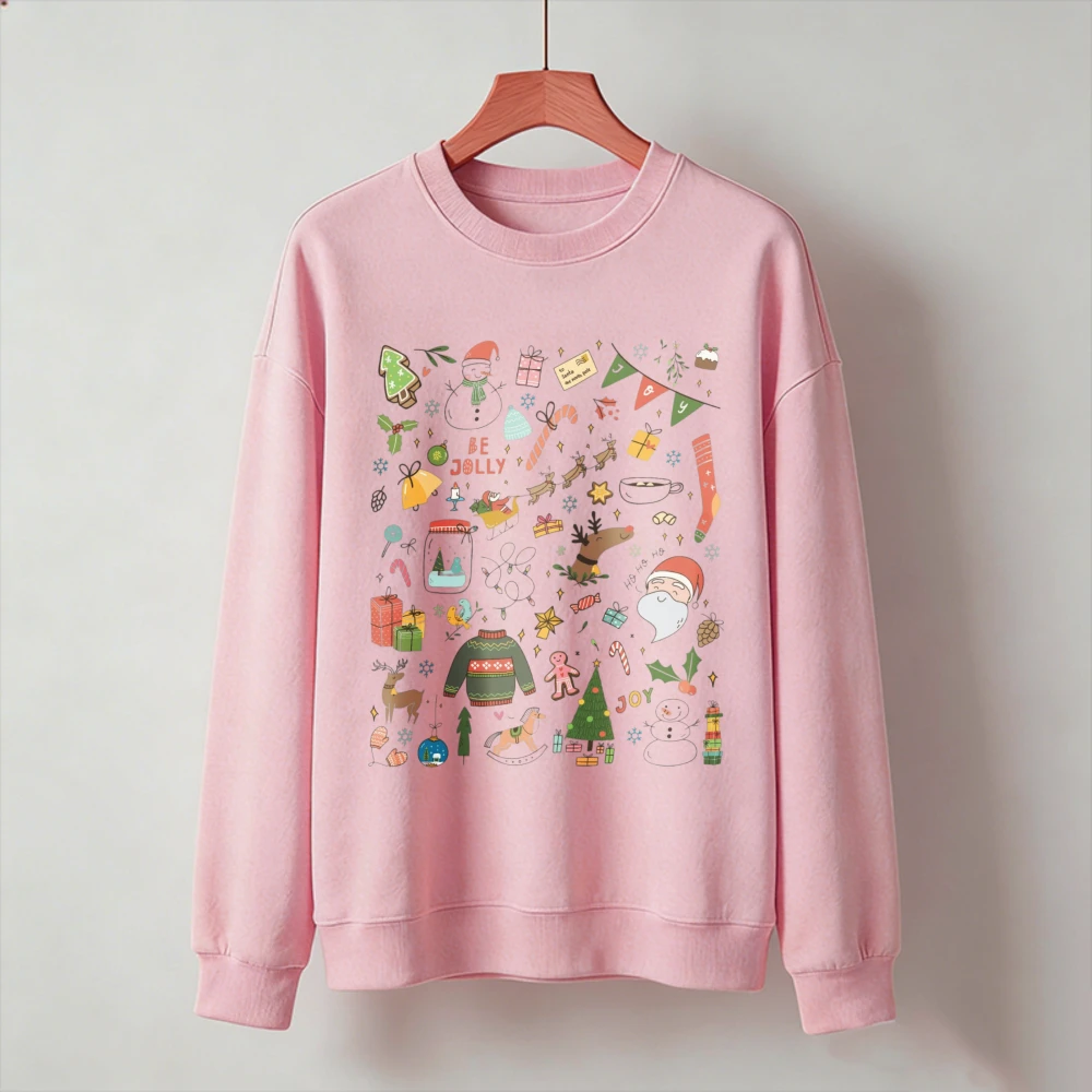 Be Jolly Christmas Doodle Collage Crewneck Sweatshirt Santa Reindeer Snowman Gingerbread Tree Gift Cute Pullover Sweatshirt Tops