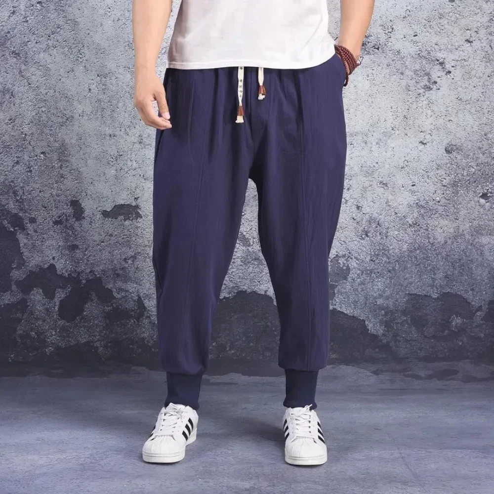 

New Men Cotton Linen Elastic Waist Harem Pants Solid Color Streetwear Joggers Baggy Drop-crotch Male Casual Fashion Pants