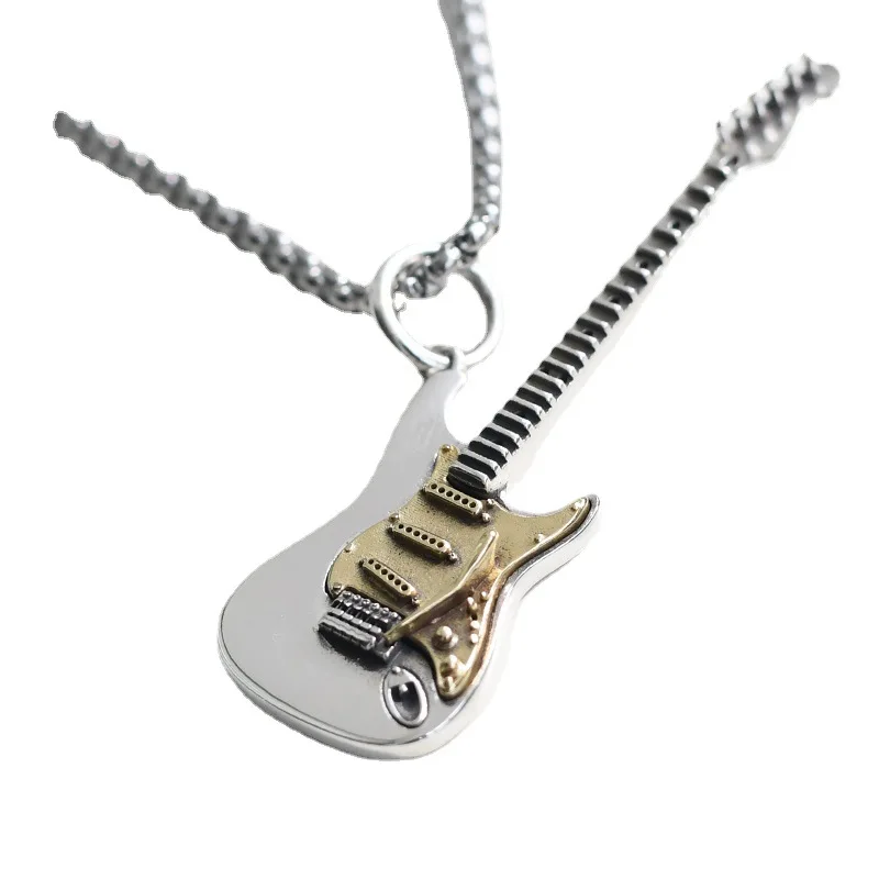 Simple Fashion Punk Stainless Steel Small Guitar Pendant Necklace Men Women Hip Hop Rock Music Party Jewelry Gifts