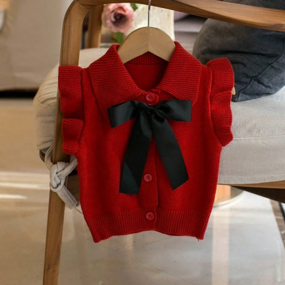 Korean 2024 New Turn Down Autumn Fashion Bow Kids Knitted Vest Sleeveless Top Children Clothing Casual Sweater Girls Waistcoat