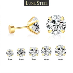 LUXUSTEEL Stainless Steel Round Cubic Zirconia Women's Earrings Men CZ Shiny Silver Color Stud Earrings Jewelry Accessories