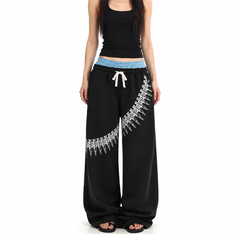 Autumn Unisex Y2K Grunge Aesthetics Streetwear Daily Double Layer Waist Graphic Print Drawstring Baggy Sweatpants