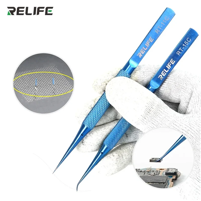 RELIFE RT-11C RT-15C Titanium Alloy Precision Professional Soldering Tweezers for Mobile Phones Motherboard BGA Repair Tools Set