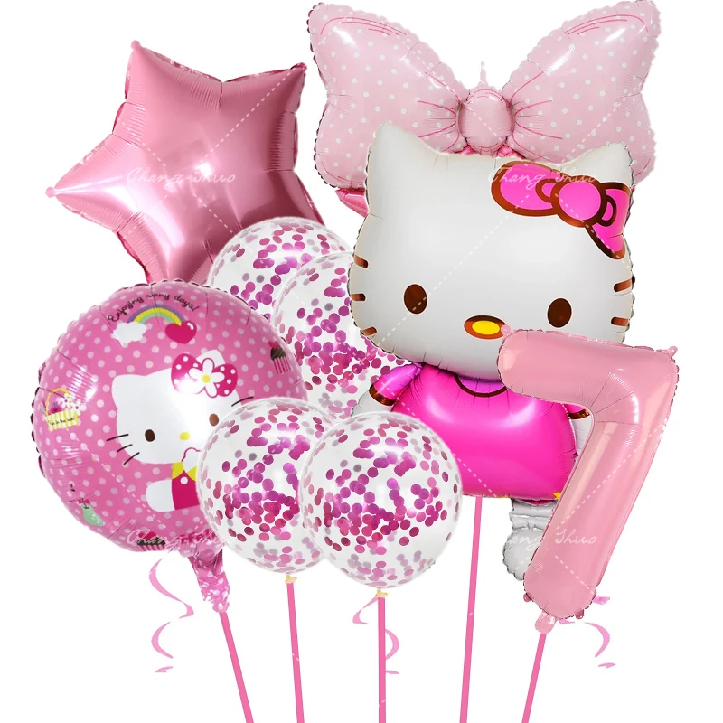 9Pcs Hello Kitty Balloon Set Sanrio Cartoon Cat 32in Number Foil Balloons for Girls Birthday Party Decor Baby Shower Supplies