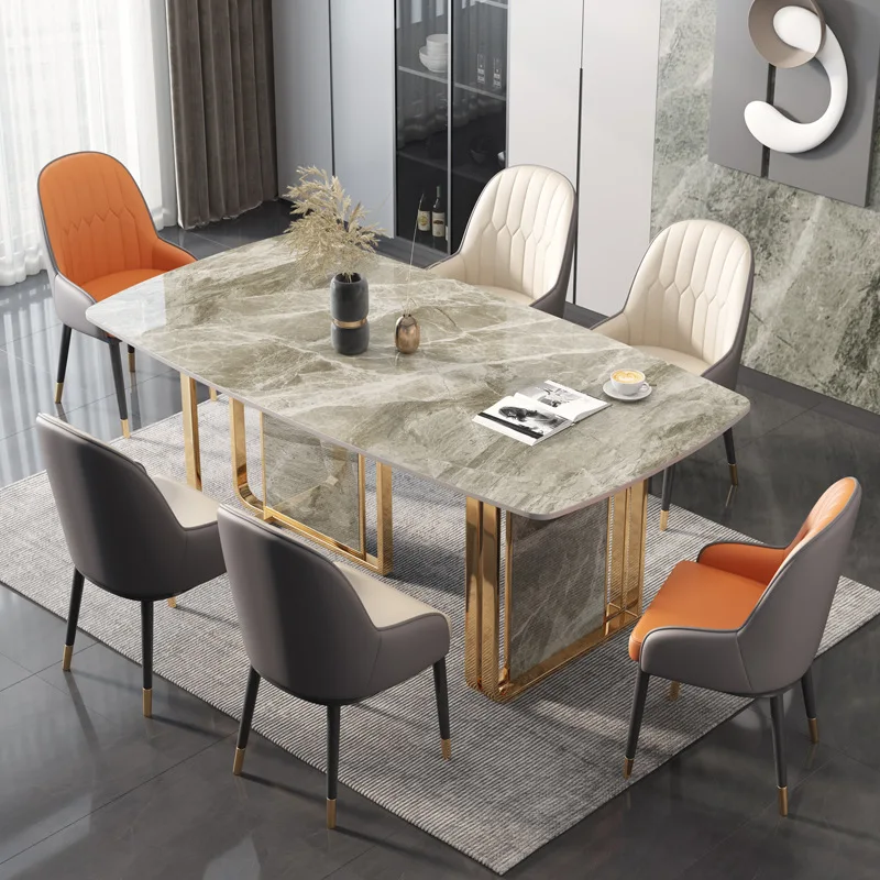 modern kitchen counter height 10 seater natural marble dining table set gold stainless steel table and chair