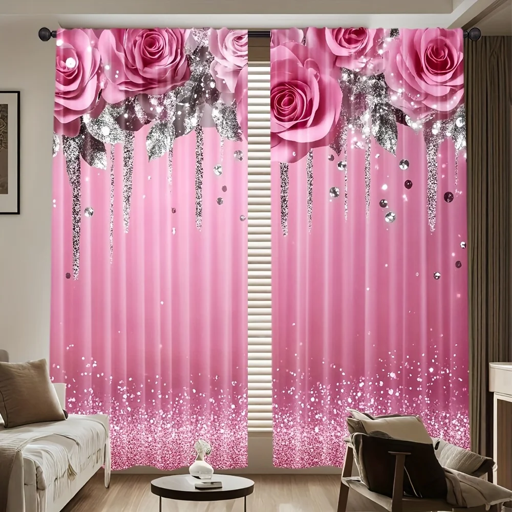 Luxury Pink Rose Sequin Curtain Panels for Living Room Bedroom Home Decor Curtain Drapes
