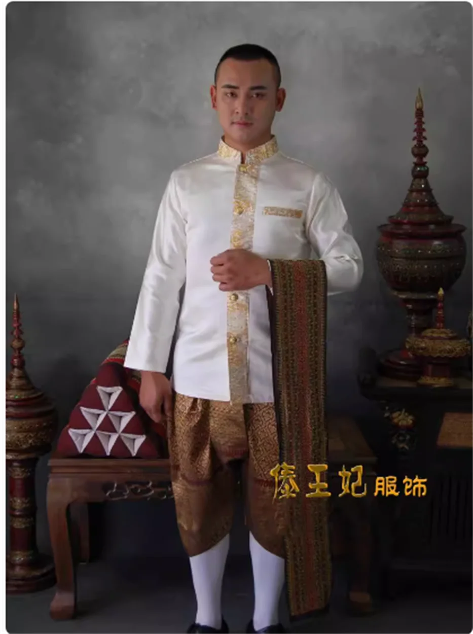 Roupa tradicional Dai Thai masculina, gola em pé, manga comprida