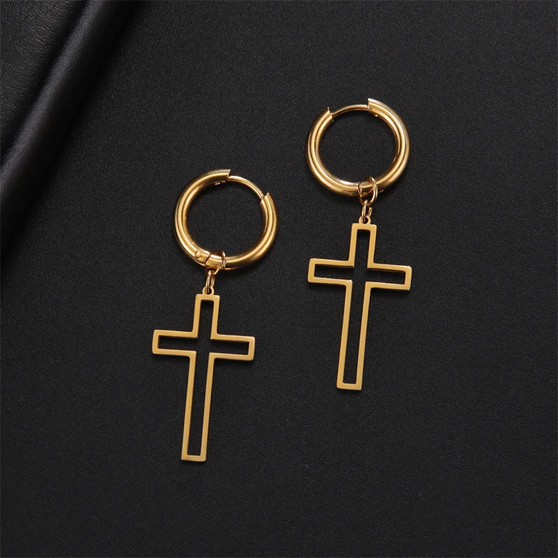 Stainless Steel Earrings Gothic Cross Plated Hoops Earrings For Women Men Trend Lightning Pendant Earring Jewelry Party Gifts