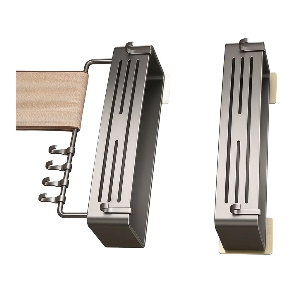 No Drill Rustproof Aluminum Bathroom Shelf with Hollow Drain Basket Towel Holder and Four Movable Hooks for Functional Storage