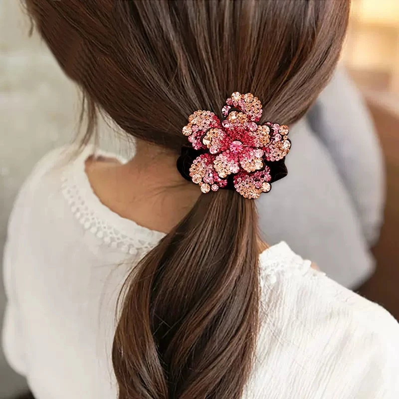 Women Rhinestone Scrunchies Velvet Elastic Hair Bands Flower Hair Rope Rings Ponytail Holder Crystal Headwear Hair Accessories