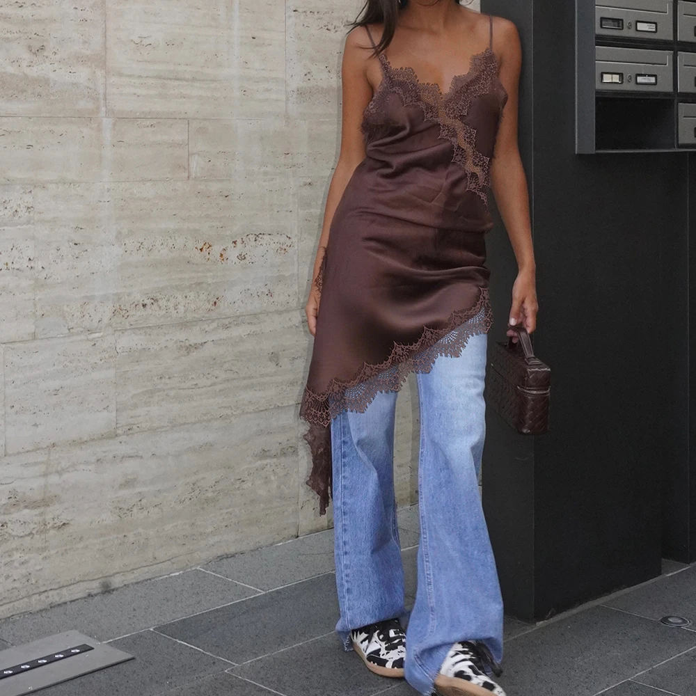 فساتين نسائية y2k مثيرة من الدانتيل الساتان الربط السباغيتي كامي صيفية بدون أكمام غير متناظرة للخروج فساتين حفلات الشاطئ #6