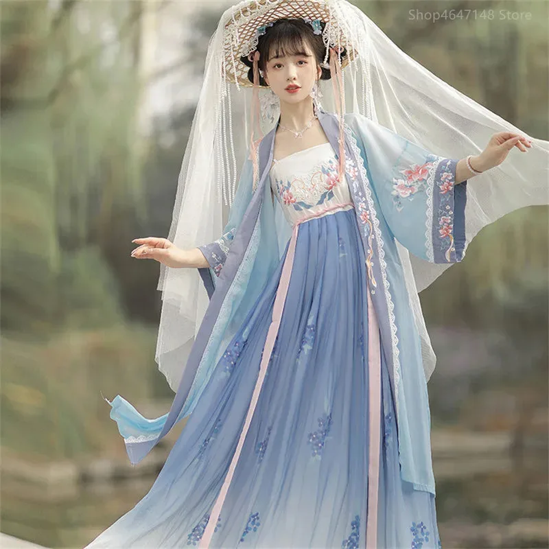 

Chinese Hanfu Dress Women Traditional Vintage Hanfu Cosplay Costume Gradient Blue Hanfu Dress Birthday Party Dress Plus Size