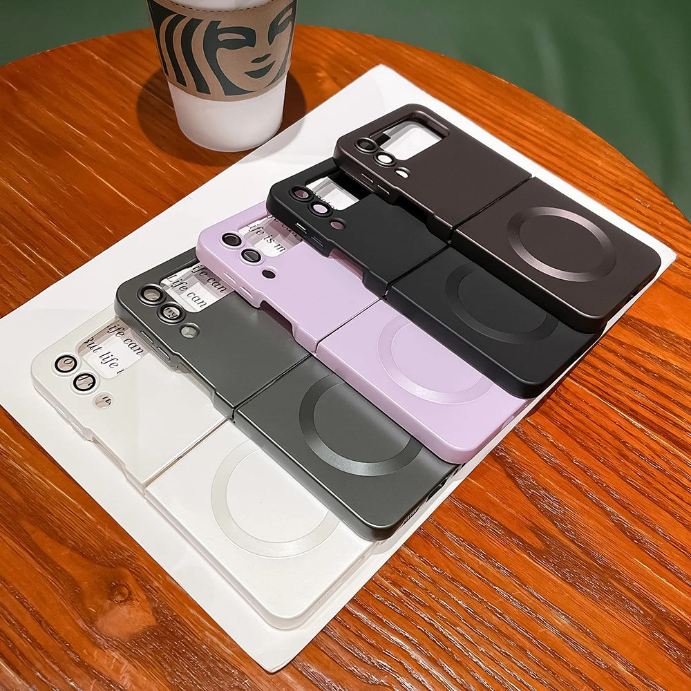 Drahtlose Aufladung für Samsung Galaxy Z Flip 6, 5, 4, 3, magnetische Abdeckung für Magsafe Metallic-Farbe, flüssige Silikonhülle, Linsenfolie
