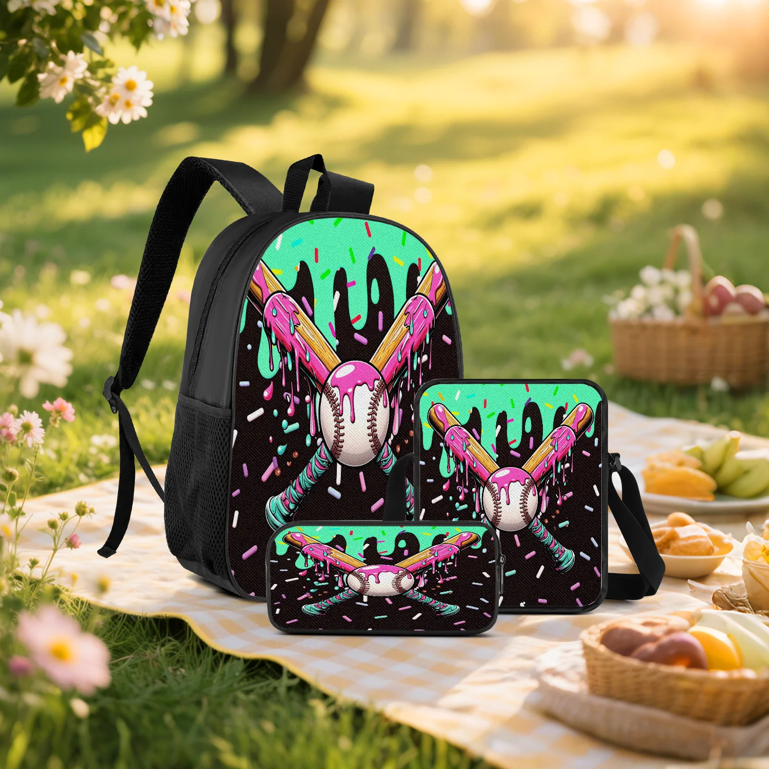 3-Piece Candy Drip Baseball Print Backpack Set, Includes Backpack, Crossbody Bag and Pencil Case, Lightweight Unisex