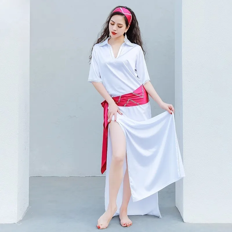 تخصيص زي الرقص الشرقي الساتان الأبيض الكلاسيكي بلدي رداء ممارسة اللباس أداء ارتداء الملابس الهندية النساء الرقص الشرقي #2