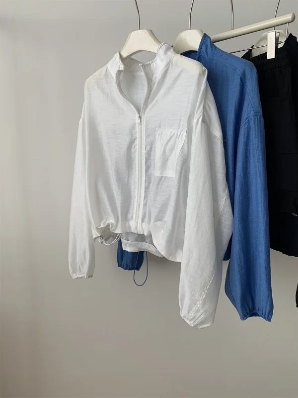 Short Zipper Open Cardigan Women's Korean Style Design Sense Drawstring Stand Collar Blue Sun Protection Tailored Outerwear