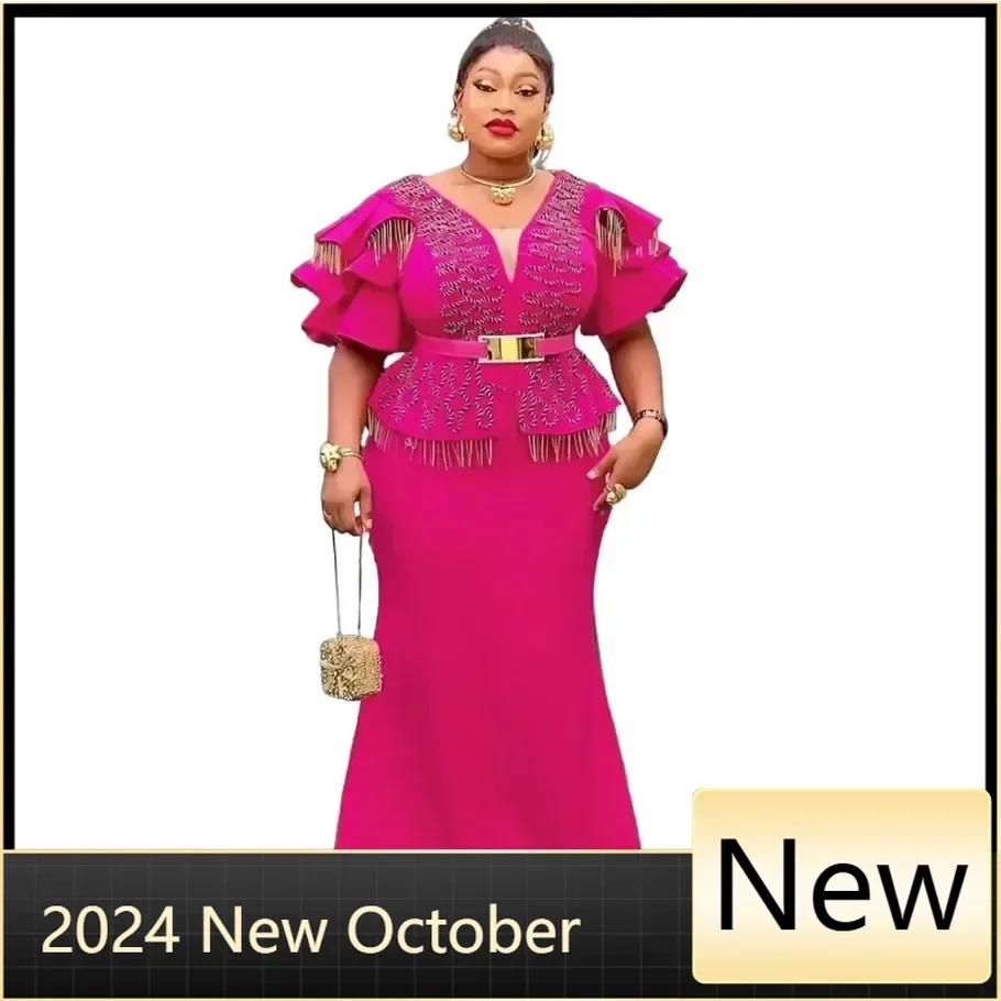 

Elegant Plus Size African Wedding Party Dresses for Women Autumn African V-neck Evening Long Maxi Dress Christmas Dress Outfits