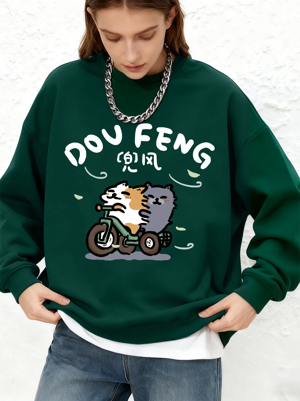 Cat Riding A Bike Printing Hoodies Womens Basic Crewneck Loose Sweatshirt Winter Warm Long Sleeves Tops Jogger Woman Clothes